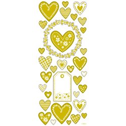 Stickers, hjerter, ark 10x24 cm, ca. 33 stk., guld, 1 ark