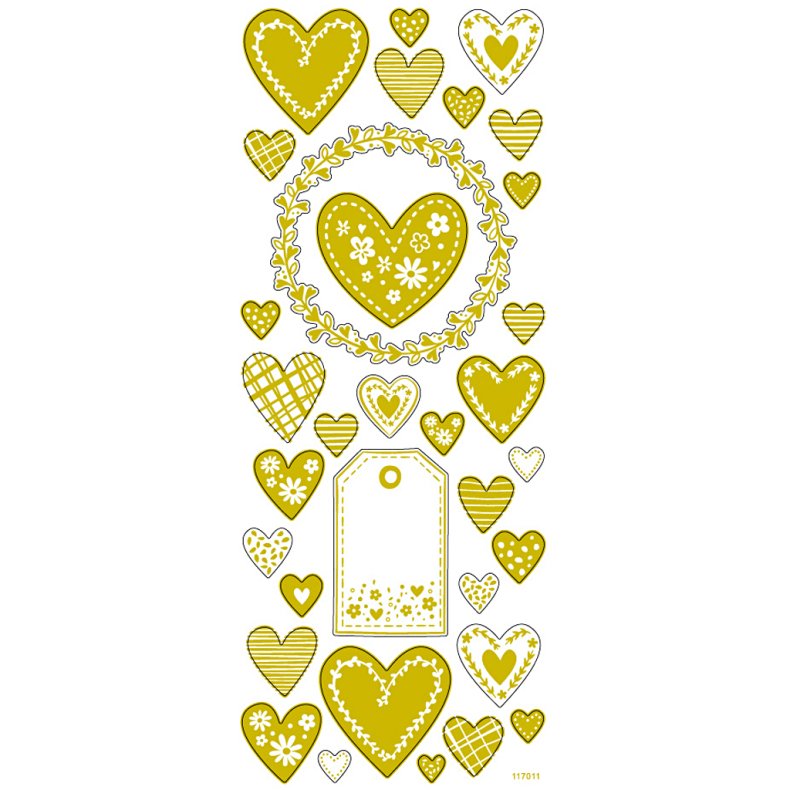 Stickers, hjerter, ark 10x24 cm, ca. 33 stk., guld, 1 ark