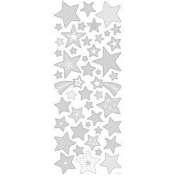 Stickers, stjerner, ark 10x24 cm, ca. 52 stk., s&oslash;lv, 1 ark