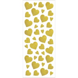 Glitterstickers, hjerter, ark 10x24 cm, ca. 84 stk., guld, 2 ark/ 1 pk.