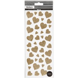 Glitterstickers, hjerter, ark 10x24 cm, ca. 84 stk., guld, 2 ark/ 1 pk.