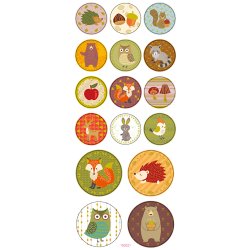 Stickers, skovdyr, ark 10x23 cm, ca. 16 stk., 1 ark