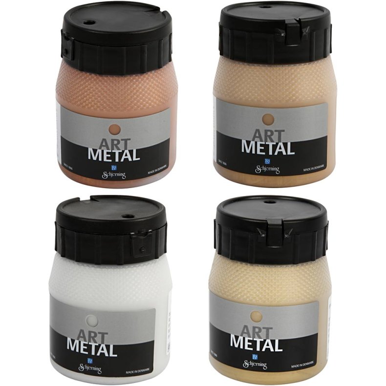 Hobbymaling Metallic, nr. 5190, 5102, 5104, 5110, kobber, lys guld, mellem guld, s&oslash;lv, 4x250 ml/ 1 pk.