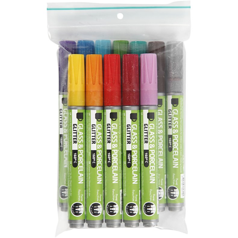 Glas- og Porcel&aelig;nstusch, streg 2-4 mm, halvd&aelig;kkende, ass. farver, 12 stk./ 1 pk.