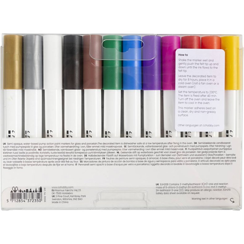 Glas- og porcel&aelig;nstusch, streg 1-2 mm, halvd&aelig;kkende, ass. farver, 12 stk./ 1 pk.