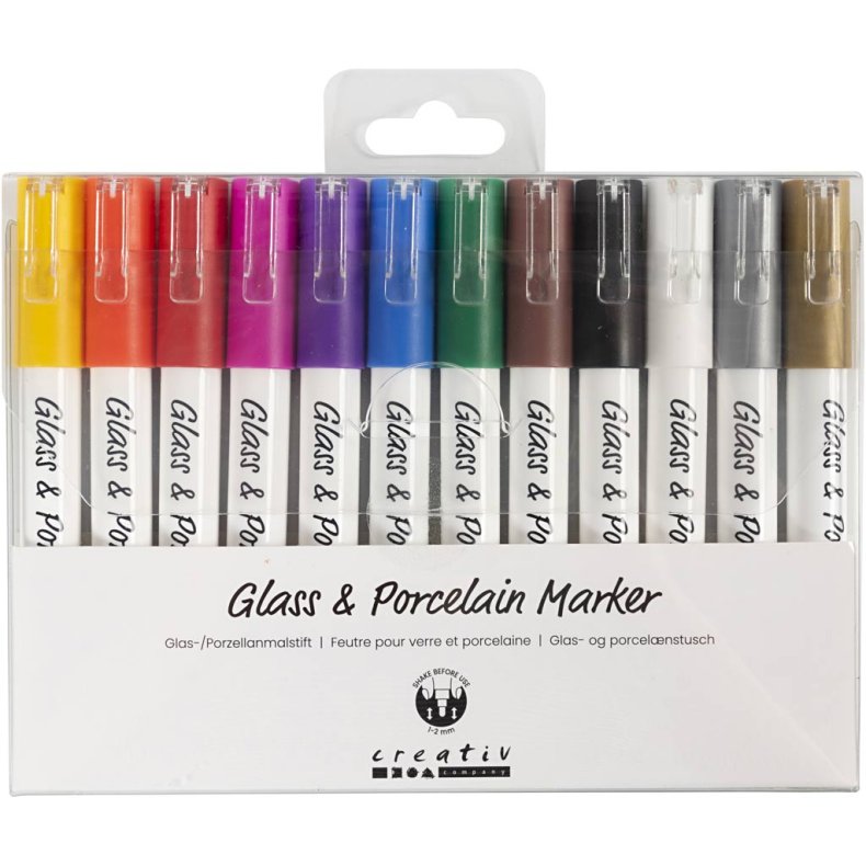 Glas- og porcel&aelig;nstusch, streg 1-2 mm, halvd&aelig;kkende, ass. farver, 12 stk./ 1 pk.