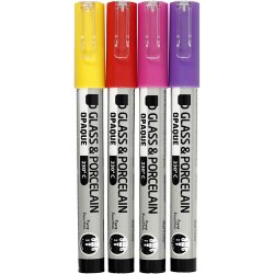 Glas- og porcel&aelig;nstusch, streg 1-2 mm, halvd&aelig;kkende, orange, lilla, lys r&oslash;d, gul, 4 stk./ 1 pk.