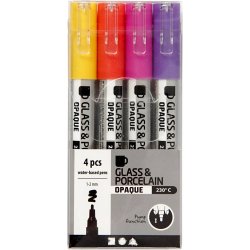 Glas- og porcel&aelig;nstusch, streg 1-2 mm, halvd&aelig;kkende, orange, lilla, lys r&oslash;d, gul, 4 stk./ 1 pk.