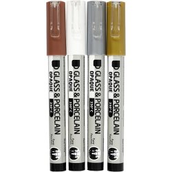 Glas- og porcel&aelig;nstusch, streg 1-2 mm, halvd&aelig;kkende, brun, guld, s&oslash;lv, hvid, 4 stk./ 1 pk.