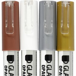 Glas- og porcel&aelig;nstusch, streg 1-2 mm, halvd&aelig;kkende, brun, guld, s&oslash;lv, hvid, 4 stk./ 1 pk.