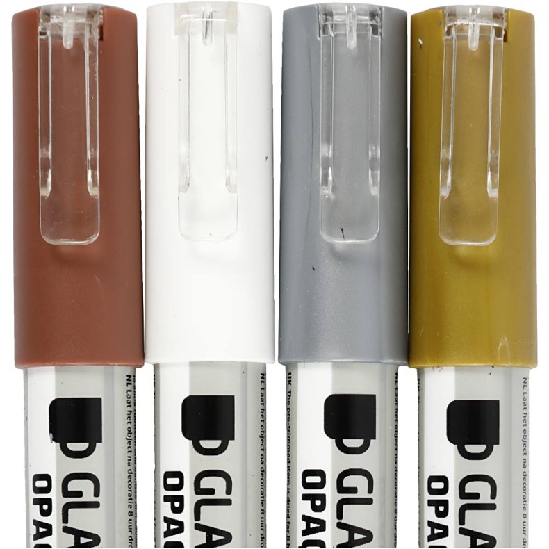 Glas- og porcel&aelig;nstusch, streg 1-2 mm, halvd&aelig;kkende, brun, guld, s&oslash;lv, hvid, 4 stk./ 1 pk.