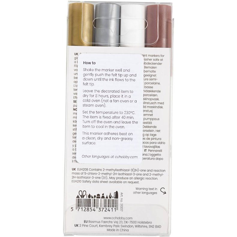 Glas- og porcel&aelig;nstusch, streg 1-2 mm, halvd&aelig;kkende, brun, guld, s&oslash;lv, hvid, 4 stk./ 1 pk.