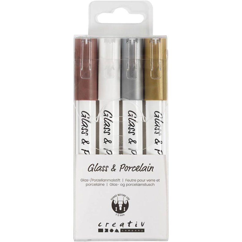 Glas- og porcel&aelig;nstusch, streg 1-2 mm, halvd&aelig;kkende, brun, guld, s&oslash;lv, hvid, 4 stk./ 1 pk.