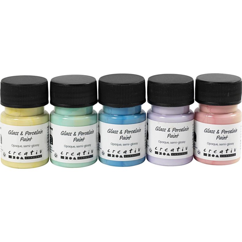 Glas- og Porcel&aelig;nsmaling, halvblank, d&aelig;kkende, pastelfarver, 5x30 ml/ 1 pk.