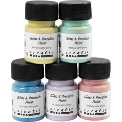 Glas- og Porcel&aelig;nsmaling, halvblank, d&aelig;kkende, pastelfarver, 5x30 ml/ 1 pk.