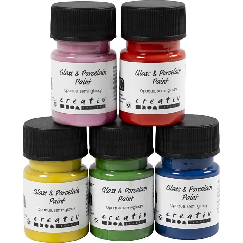 Glas- og Porcel&aelig;nsmaling, halvblank, d&aelig;kkende, colorful, 5x30 ml/ 1 pk.