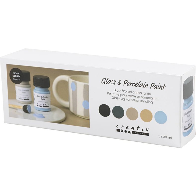 Glas- og Porcel&aelig;nsmaling, halvblank, d&aelig;kkende, Naturfarver, 5x30 ml/ 1 pk.