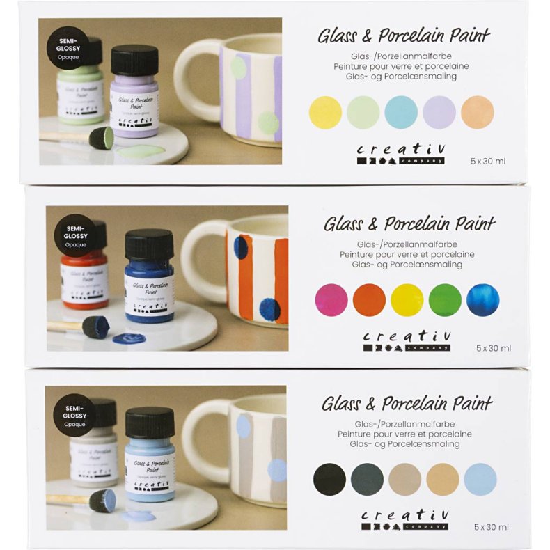 Glas- og Porcel&aelig;nsmaling, halvblank, d&aelig;kkende, colorful, pastelfarver, Naturfarver, 15x30 ml/ 1 pk.