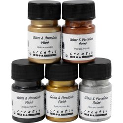 Glas- og Porcel&aelig;nsmaling, metallic, d&aelig;kkende, metallicfarver, 5x30 ml/ 1 pk.