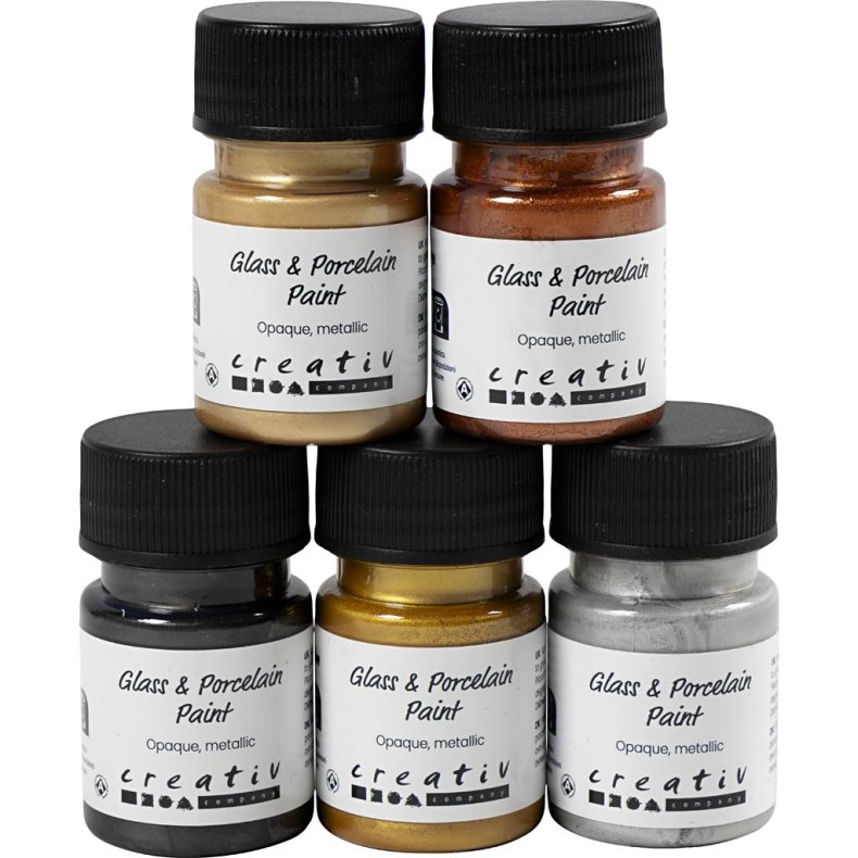 Glas- og Porcel&aelig;nsmaling, metallic, d&aelig;kkende, metallicfarver, 5x30 ml/ 1 pk.
