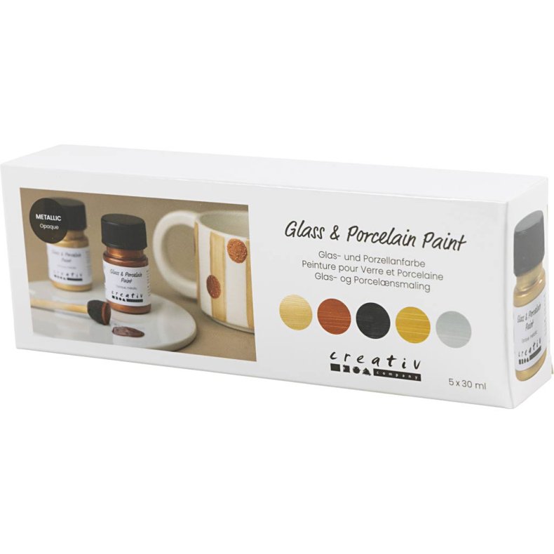 Glas- og Porcel&aelig;nsmaling, metallic, d&aelig;kkende, metallicfarver, 5x30 ml/ 1 pk.