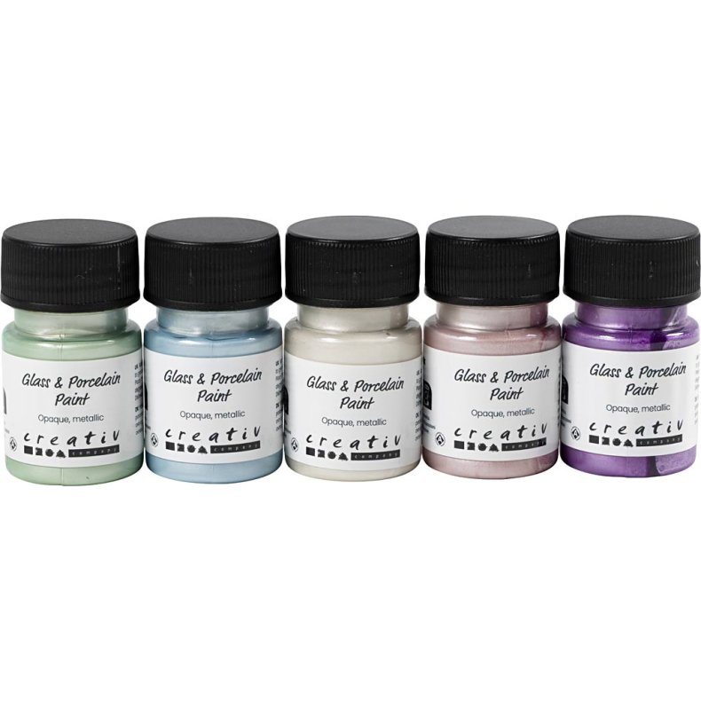 Glas- og Porcel&aelig;nsmaling, metallic, d&aelig;kkende, pastelfarver, 5x30 ml/ 1 pk.