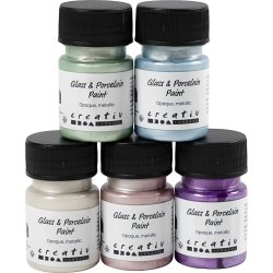 Glas- og Porcel&aelig;nsmaling, metallic, d&aelig;kkende, pastelfarver, 5x30 ml/ 1 pk.