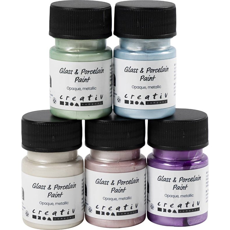 Glas- og Porcel&aelig;nsmaling, metallic, d&aelig;kkende, pastelfarver, 5x30 ml/ 1 pk.