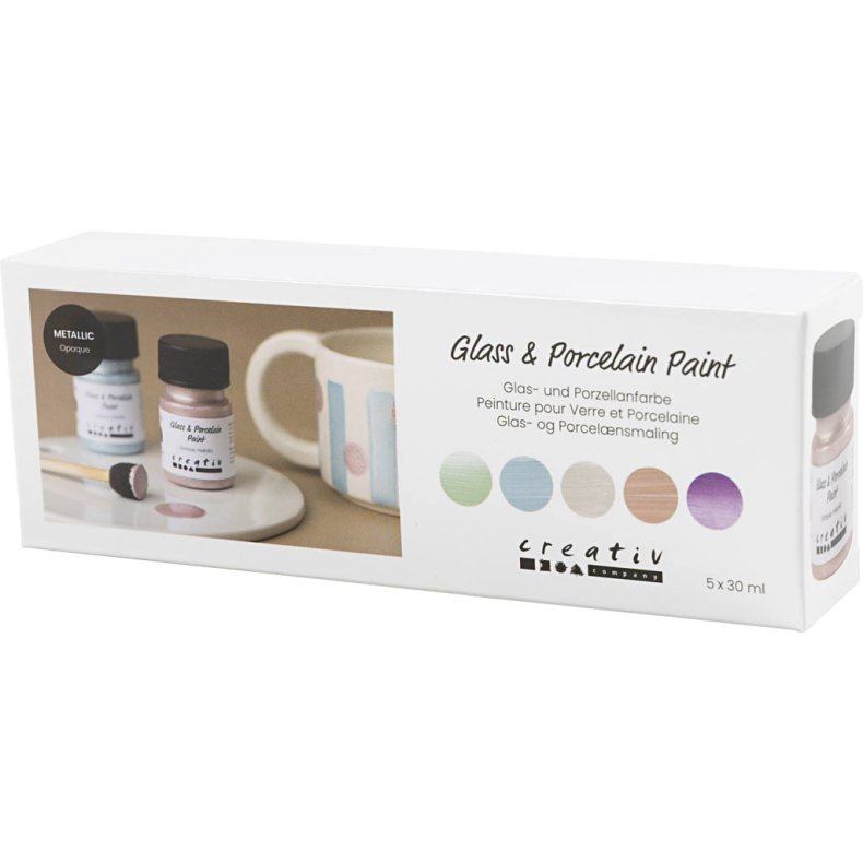 Glas- og Porcel&aelig;nsmaling, metallic, d&aelig;kkende, pastelfarver, 5x30 ml/ 1 pk.