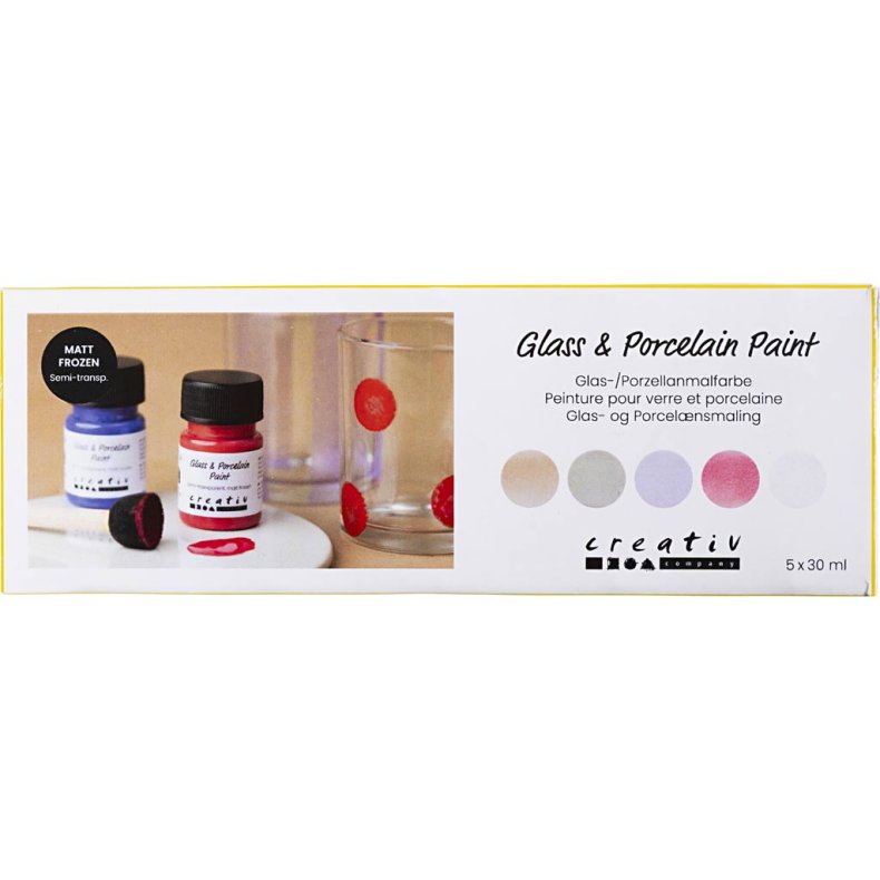 Glas- og Porcel&aelig;nsmaling, mat frost, halvtransparent, pastelfarver, 5x30 ml/ 1 pk.