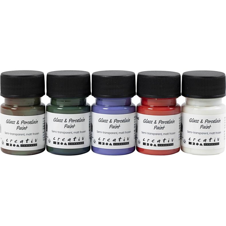 Glas- og Porcel&aelig;nsmaling, mat frost, halvtransparent, pastelfarver, 5x30 ml/ 1 pk.