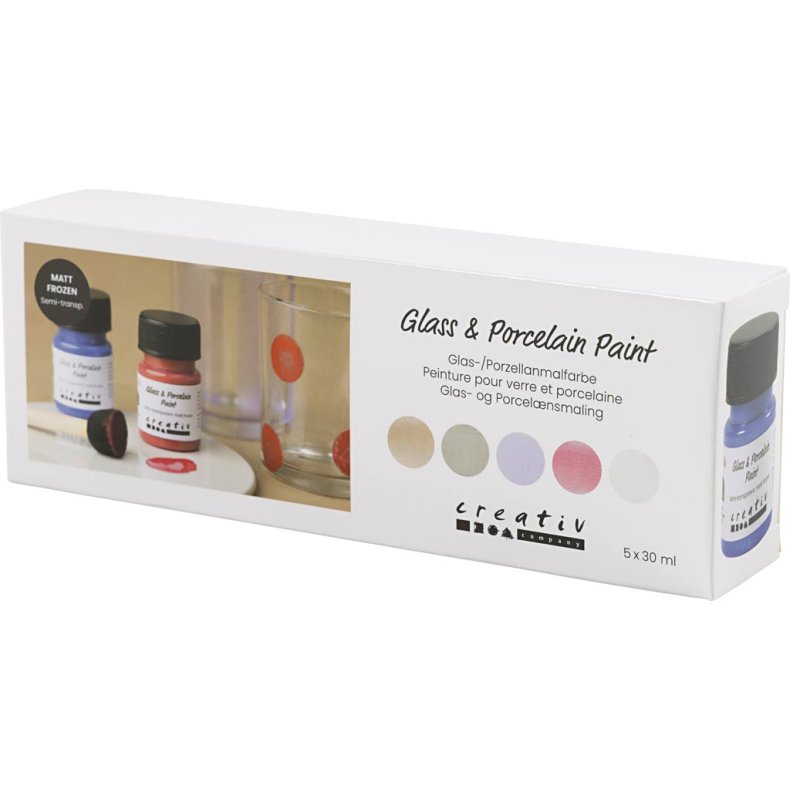 Glas- og Porcel&aelig;nsmaling, mat frost, halvtransparent, pastelfarver, 5x30 ml/ 1 pk.