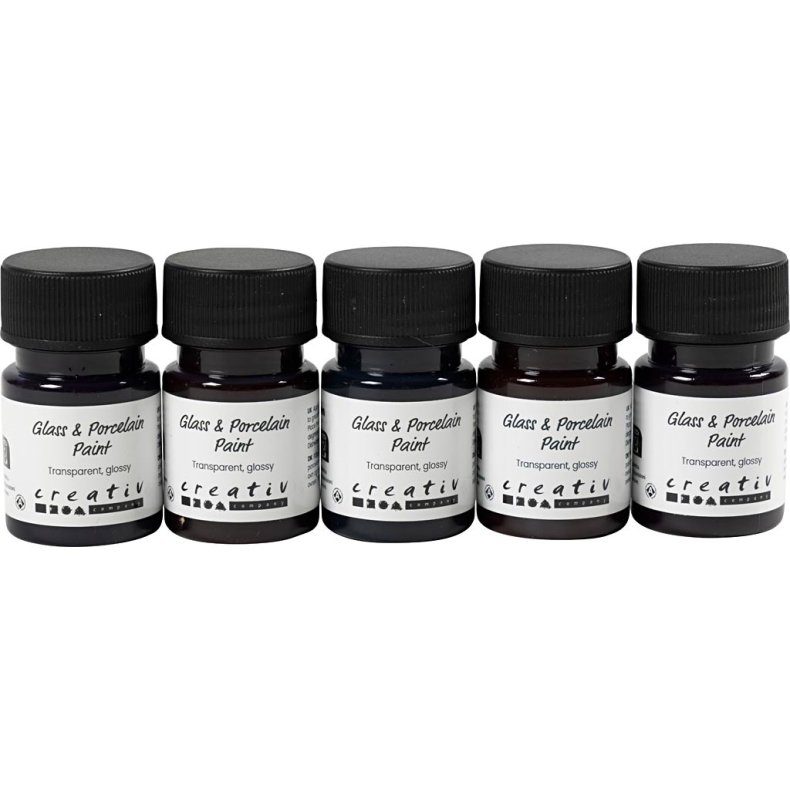Glas- og Porcel&aelig;nsmaling, blank, transparent, Naturfarver, 5x30 ml/ 1 pk.