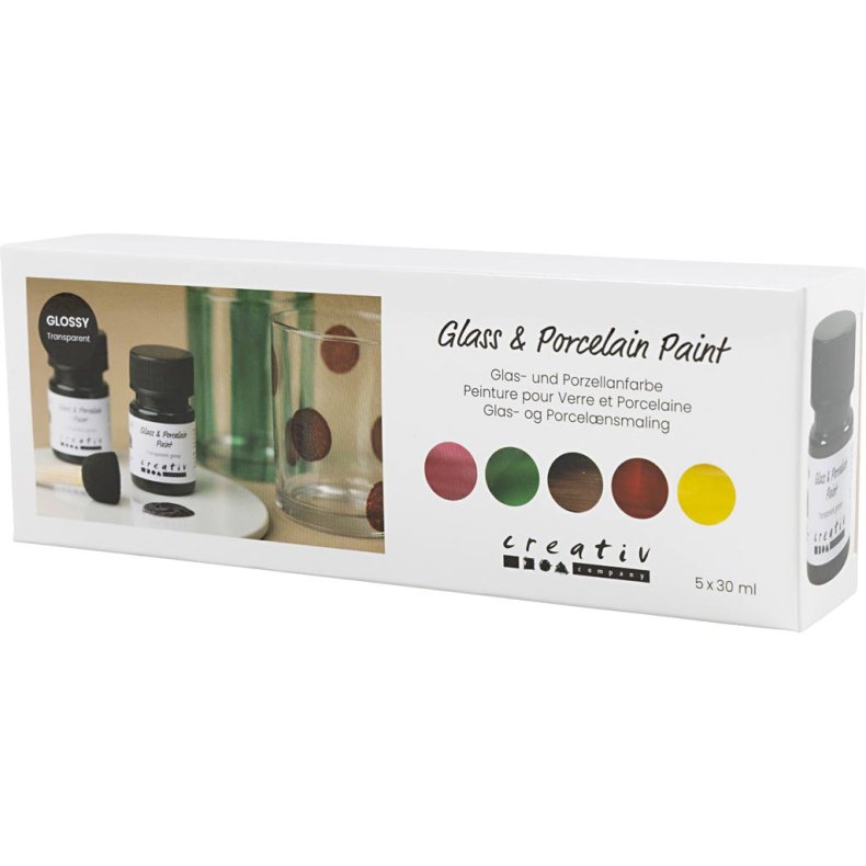 Glas- og Porcel&aelig;nsmaling, blank, transparent, Naturfarver, 5x30 ml/ 1 pk.