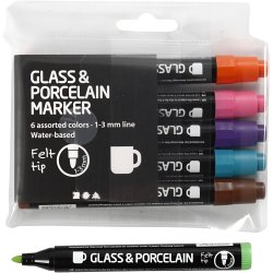 Glas- og Porcel&aelig;nstusch, streg 1-3 mm, halvd&aelig;kkende, suppleringsfarver, 6 stk./ 1 pk.