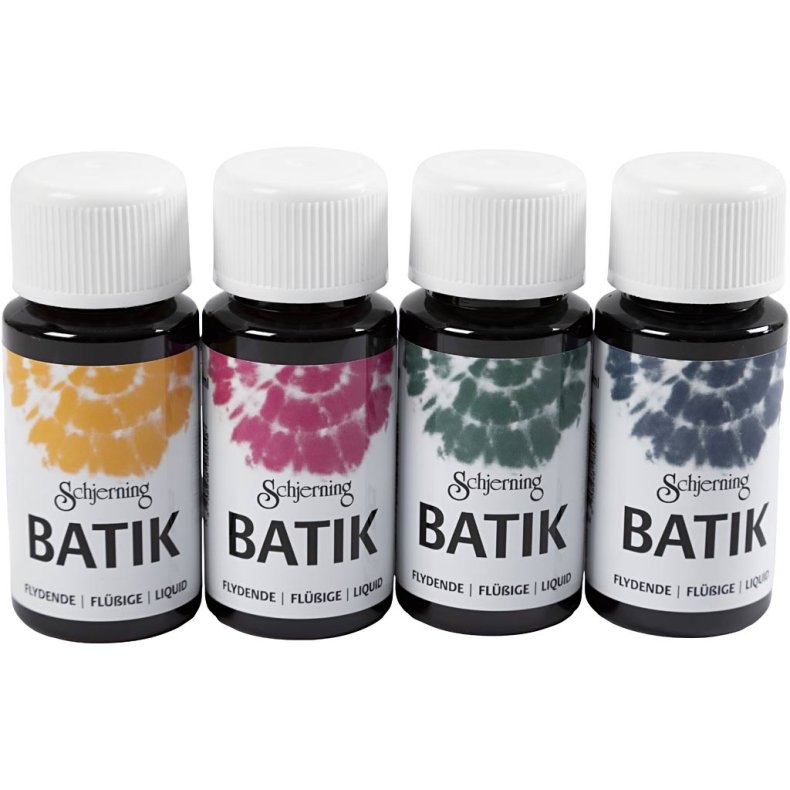 Batikfarve, marinebl&aring;, gr&oslash;n, pink, majsgul, 4x50ml/ 1 pk.