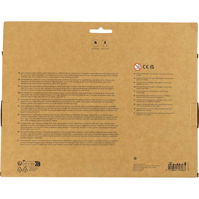 Tekstiltusch, streg 2,3+3,6 mm, standardfarver, 20 stk./ 1 pk.