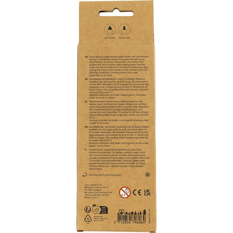 Tekstiltusch, streg 2,3+3,6 mm, standardfarver, 6 stk./ 1 pk.