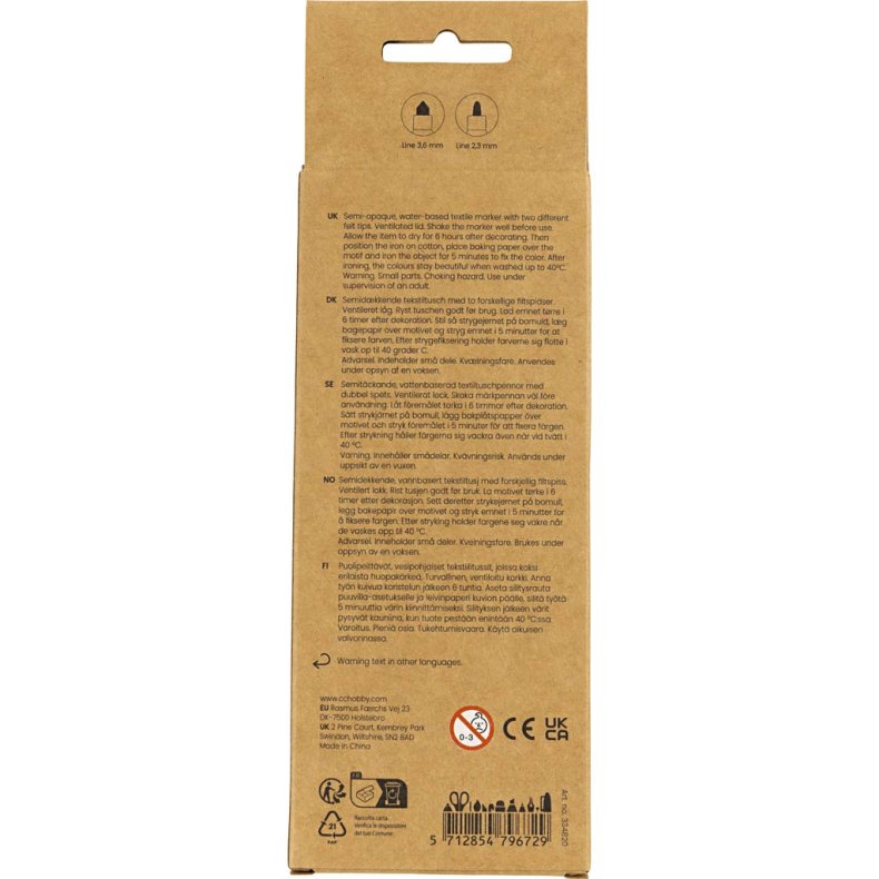 Tekstiltusch, streg 2,3+3,6 mm, sort, 6 stk./ 1 pk.