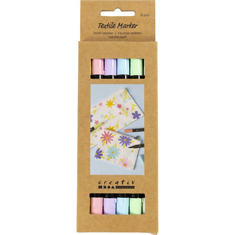 Tekstiltusch, streg 2,3+3,6 mm, pastelfarver, 6 stk./ 1 pk.