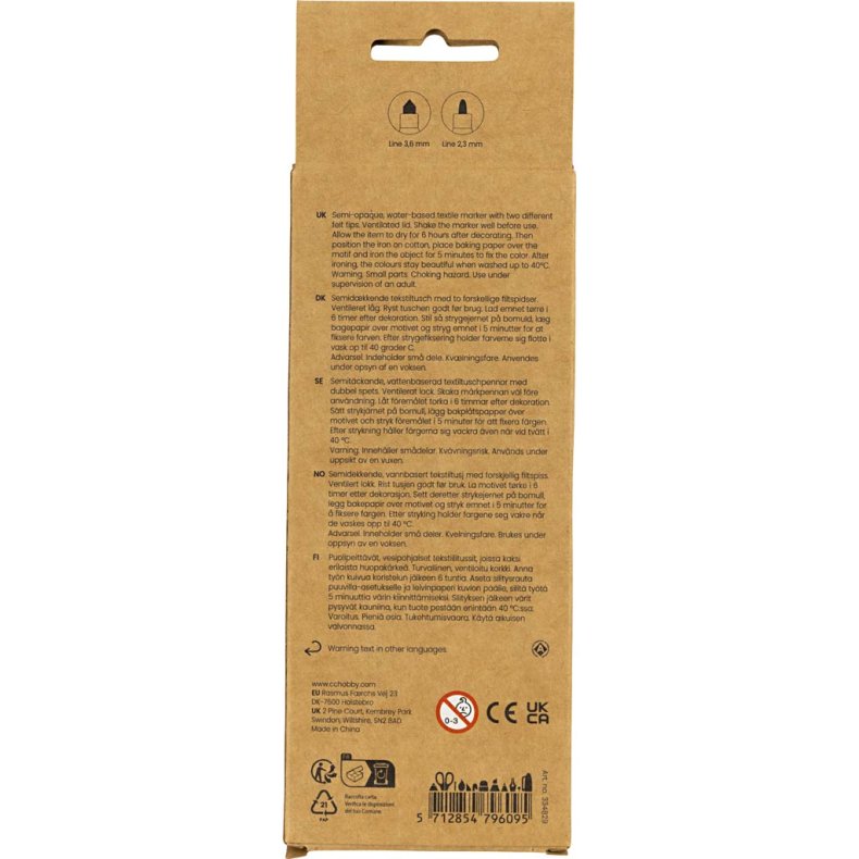 Tekstiltusch, streg 2,3+3,6 mm, pastelfarver, 6 stk./ 1 pk.