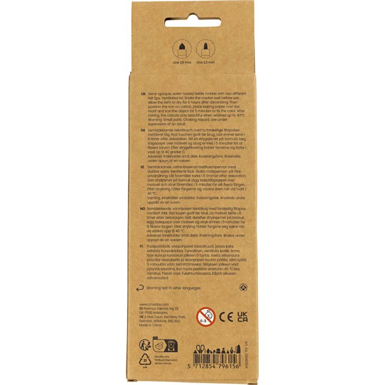 Tekstiltusch, streg 2,3+3,6 mm, ass. farver, 6 stk./ 1 pk.