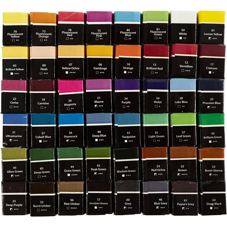 Art Akvarelfarver, &frac12;-pan, str. 10x15x20 mm, standardfarver, 48 frv./ 1 pk.