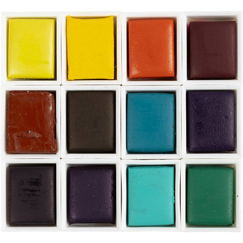 Art Akvarelfarver, &frac12;-pan, Blomster og landskaber, str. 10x15x20 mm, ass. farver, 12 frv./ 1 stk.