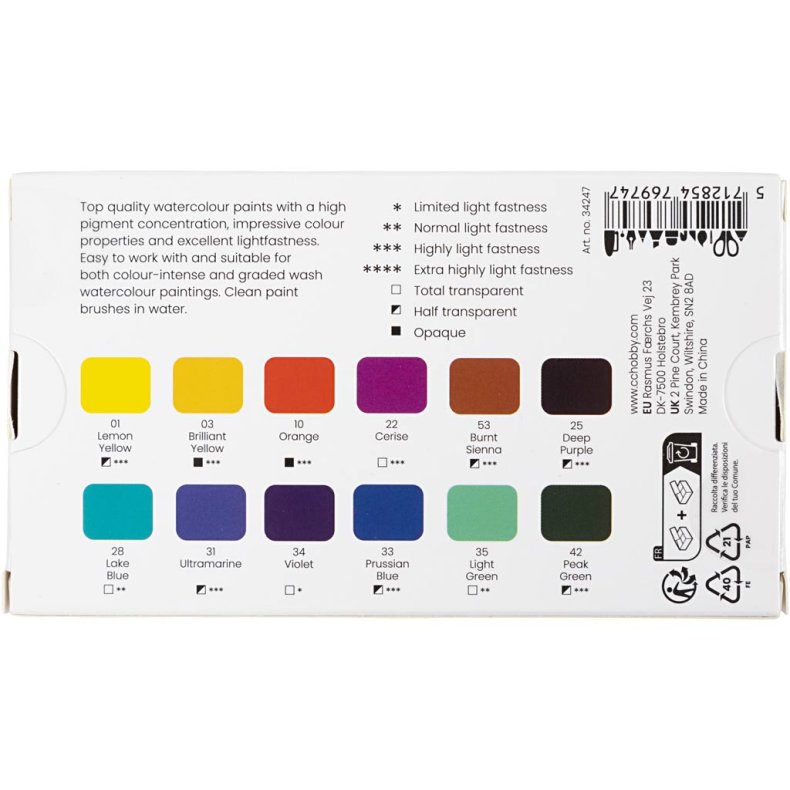 Art Akvarelfarver, &frac12;-pan, Blomster og landskaber, str. 10x15x20 mm, ass. farver, 12 frv./ 1 stk.