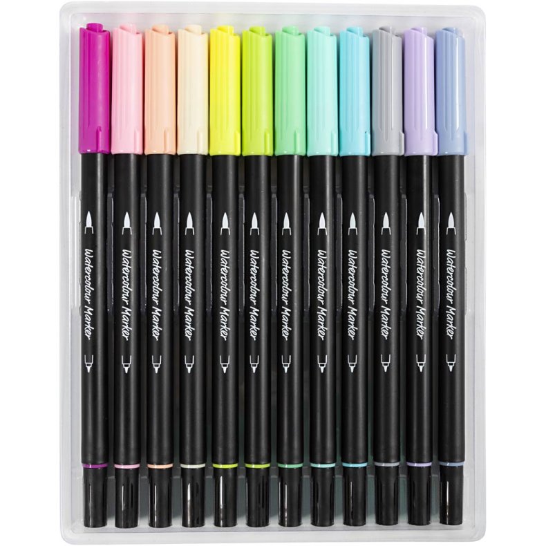 Akvareltusch, Pastel, streg 2+4-8 mm, ass. farver, 12 stk./ 1 pk.