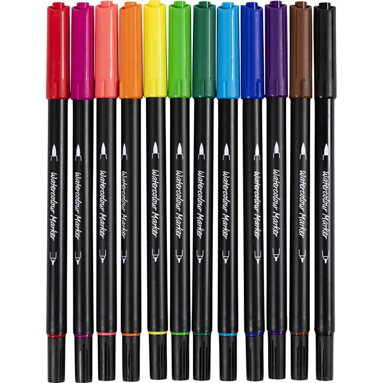 Akvareltusch, streg 2+4-8 mm, standardfarver, 12 stk./ 1 pk.