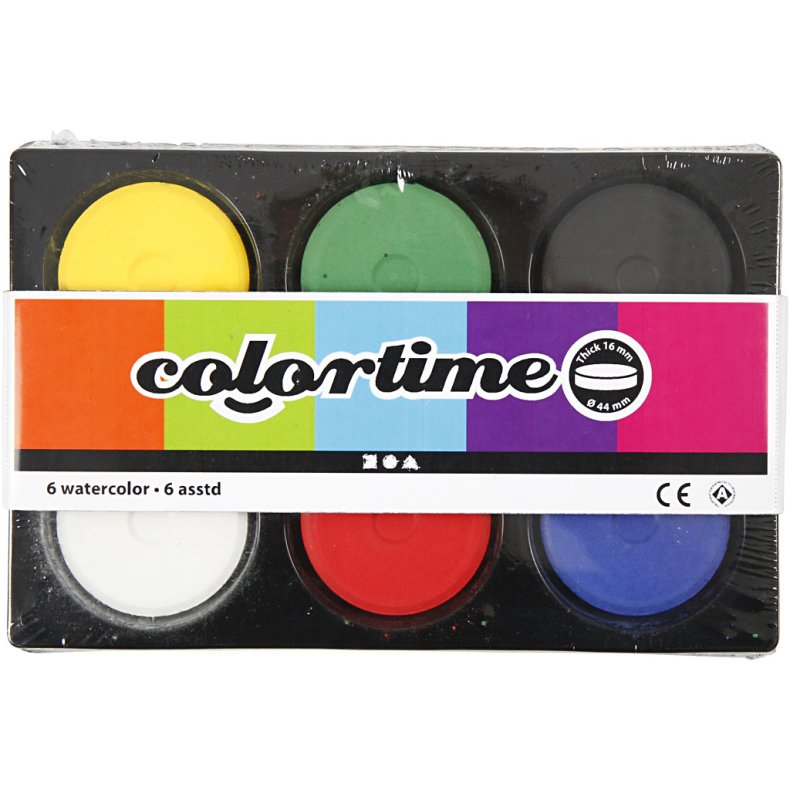 Vandfarve, H: 16 mm, diam. 44 mm, prim&aelig;rfarver, 1 pk.