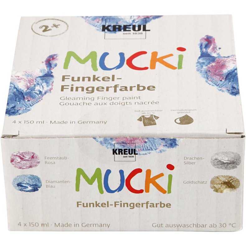 Mucki Fingermaling, metallic bl&aring;, metal guld, metallic rosa, metal s&oslash;lv, 4x150 ml/ 1 pk.
