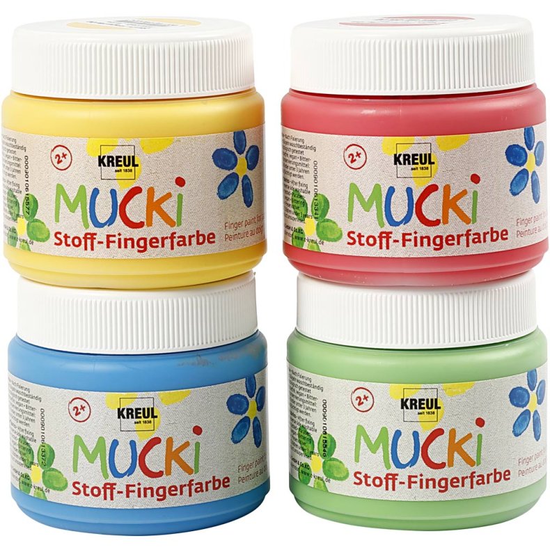 Muck Finger- og tekstilmaling, bl&aring;, gr&oslash;n, r&oslash;d, gul, 4x150ml/ 1 pk.